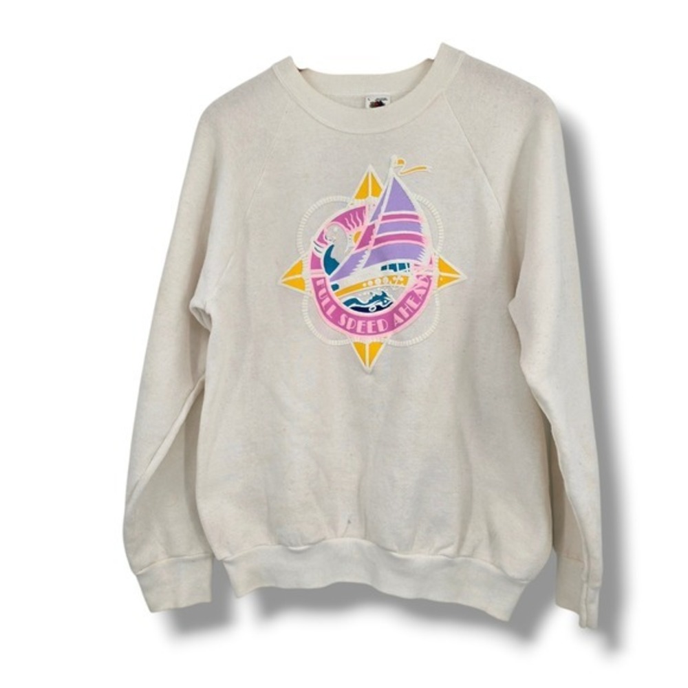 Vintage Fruit of the Loom Full Speed Ahead Sailboat Sweatshirt‎ Cream L USA Made